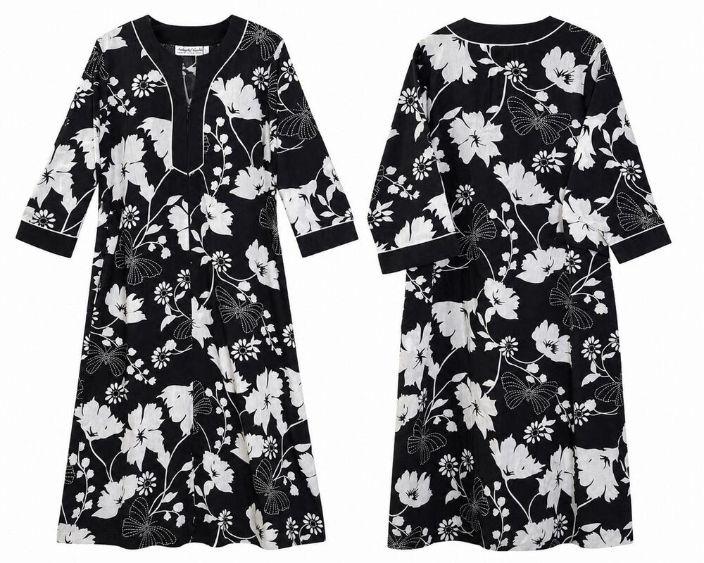 Anthony Richards Floral Butterfly Dress 1X Est Black White 2 Pockets
